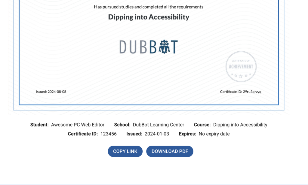 Screenshot of the  Dipping Into Accessibility form, with "copy link" and "download PDF" buttons below it.